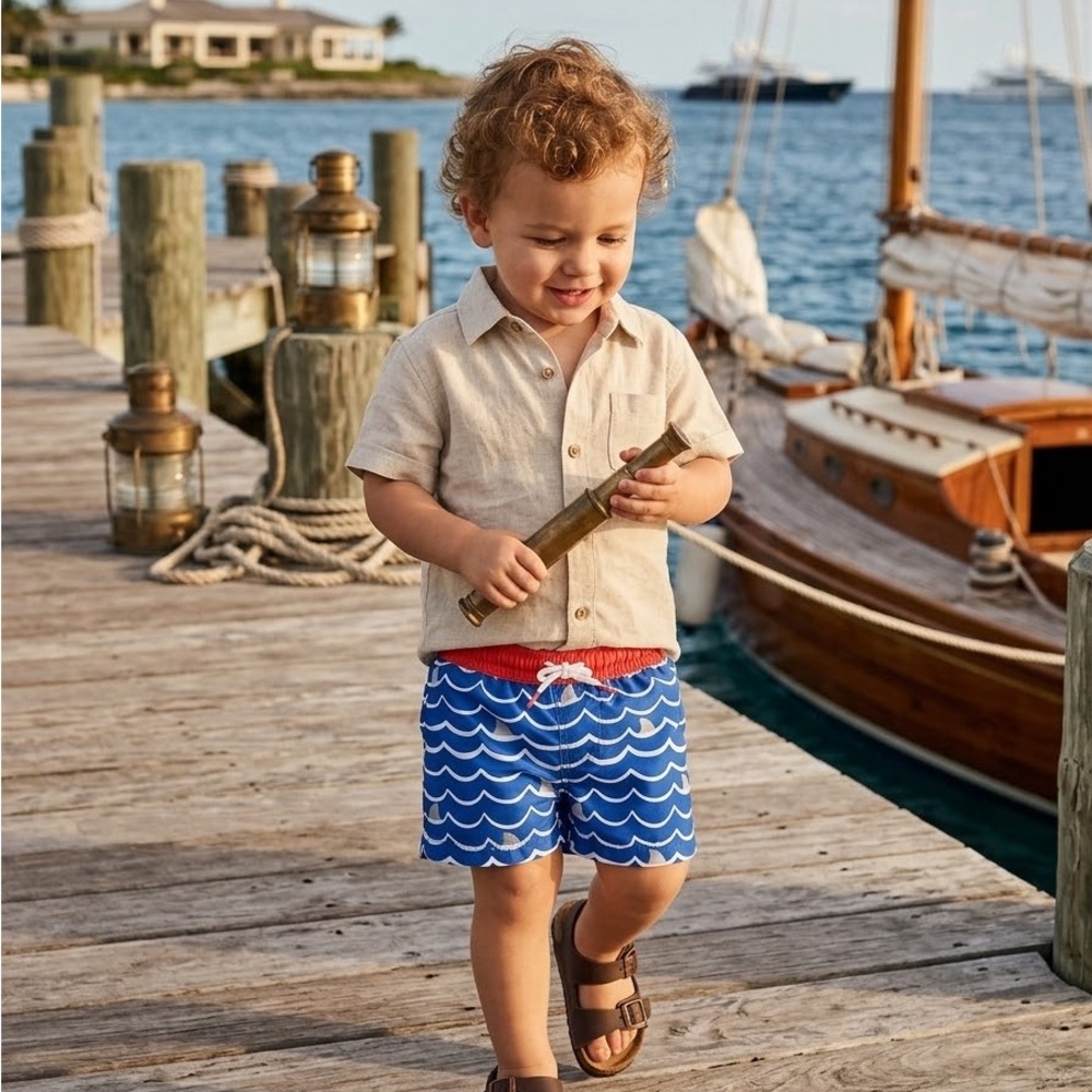 Janie and Jack Blue Wave Shorts with Orange Waistband
